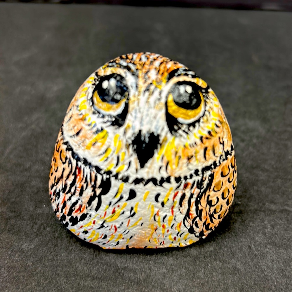Vintage hand painted owl on a polished stone artist signed paperweight